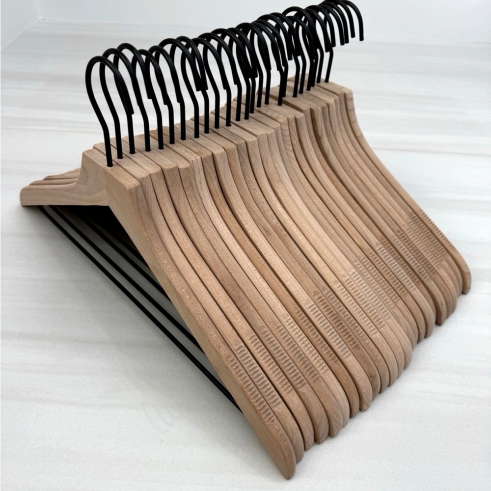 Solid Wood Coat Hangers with Black Metal Hooks - Natural Wood - 24 Count